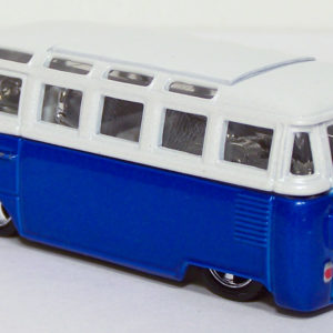 Vintage Volkswagen Microbus: White and Blue Rear Left
